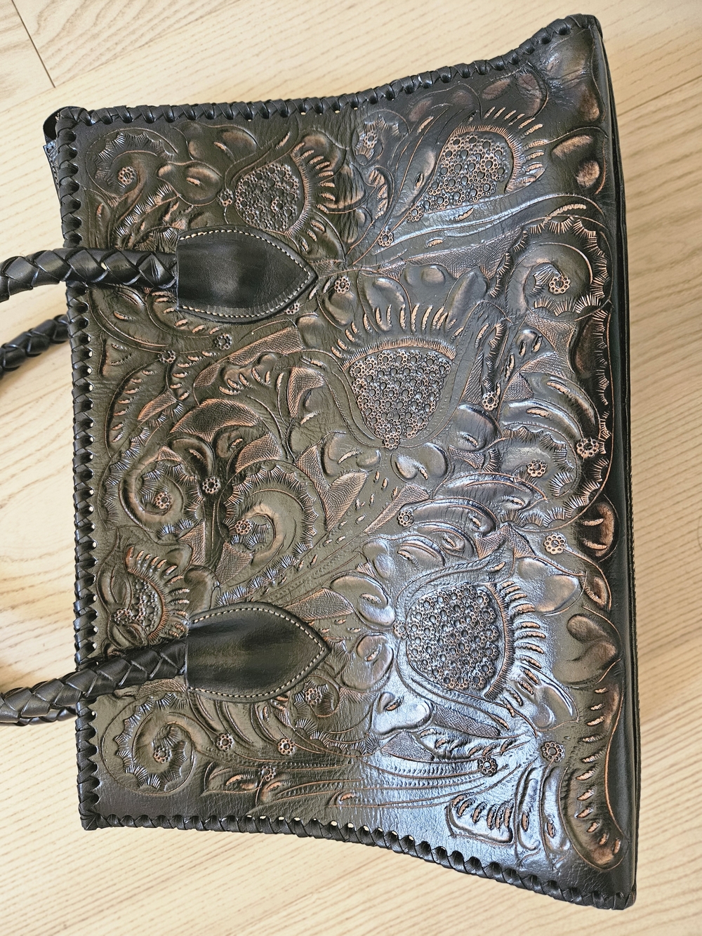 Extra-large Hand-Tooled Leather Tote Bag with Floral Embossing